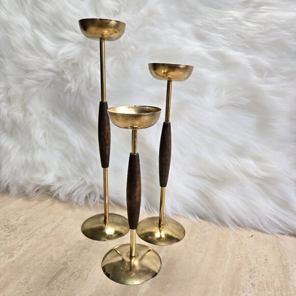Other - (3) Vintage Brass & Wood Graduated Candle Holders Mid Century Modern Danish